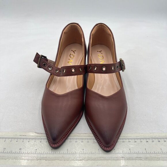 YDN Brown Pumps Pointed Toe Mary Jane Chunky Heels Loafers Hollow Buckle Shoes - Picture 3 of 8
